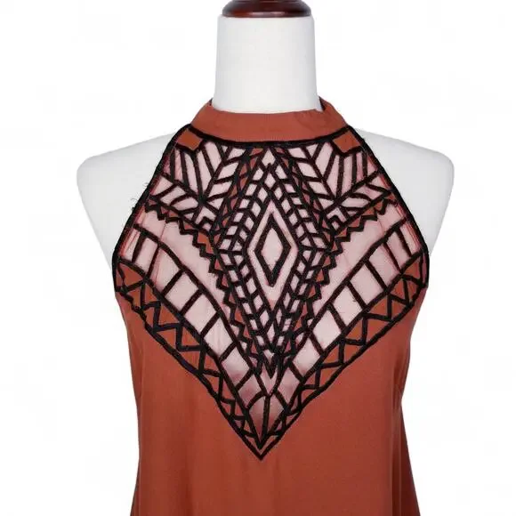 FREE PEOPLE XX TALLOW Surf All Day Brown & Black Halter Mini Dress - Size 6